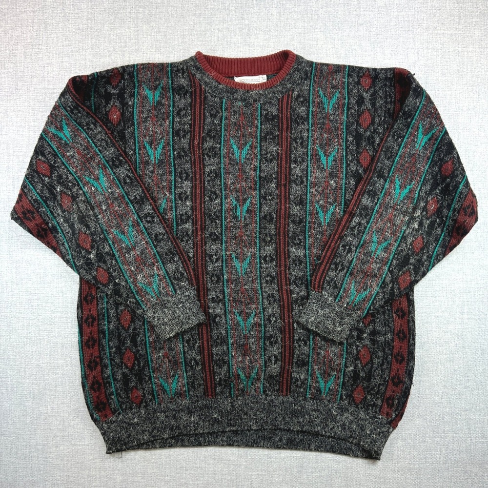 Vintage 90s JJ Cochran Geometric Knit Sweater Men XL Tall Gray USA Made Acrylic